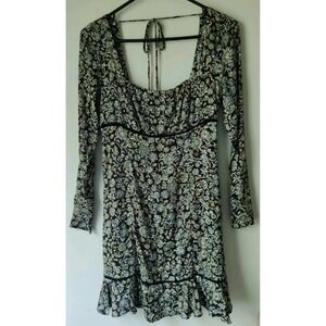 Free People Boheme Mini Dress Women's 2 Black Floral Print Long Sleeves Tie Back